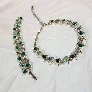 Vintage B.S.K. Aurora Borealis & Emerald Rhinestone Necklace & Bracelet Set